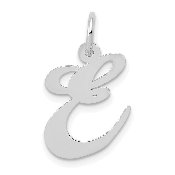 14K White Gold Medium Size Fancy Script Design Letter E Initial Pendant