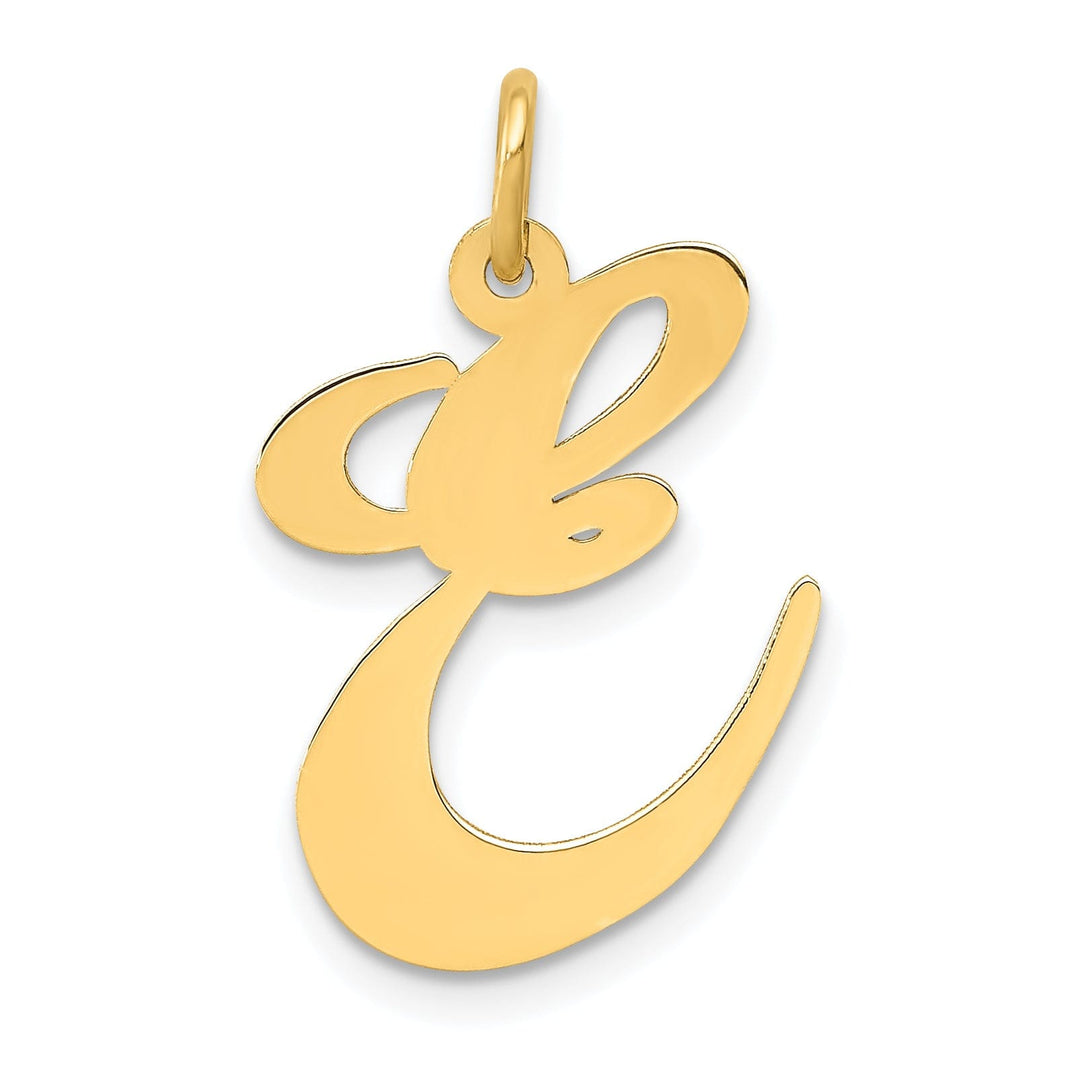 14K Yellow Gold Large Size Fancy Script Letter E Initial Charm Pendant