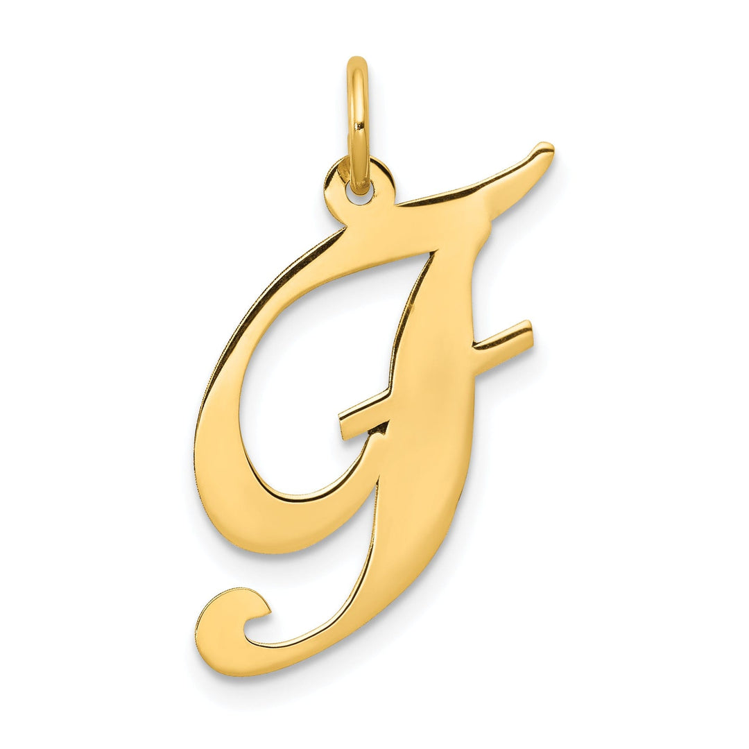 14K Yellow Gold Large Size Fancy Script Letter F Initial Charm Pendant