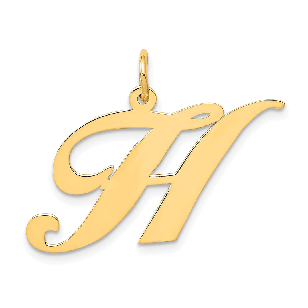 14K Yellow Gold Large Size Fancy Script Letter H Initial Charm Pendant