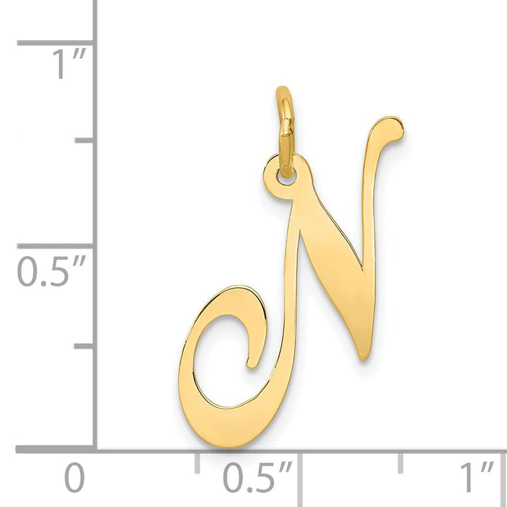 14K Yellow Gold Large Size Fancy Script Letter N Initial Charm Pendant