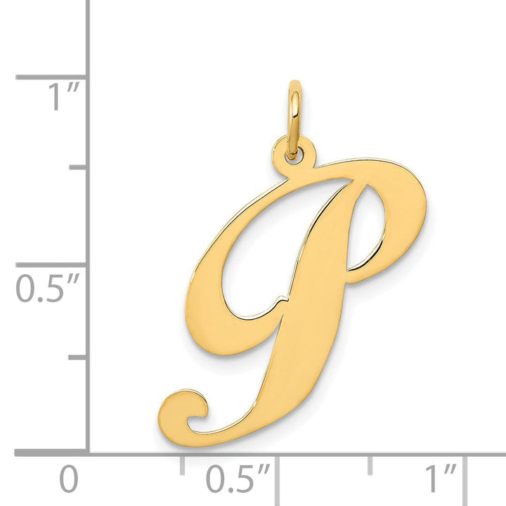14K Yellow Gold Large Size Fancy Script Letter P Initial Charm Pendant