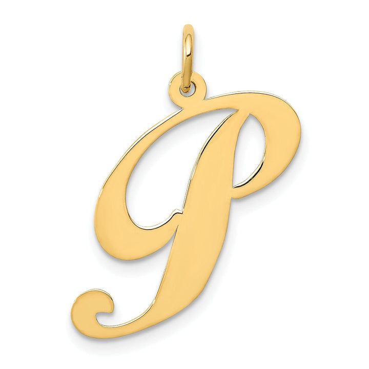 14K Yellow Gold Large Size Fancy Script Letter P Initial Charm Pendant