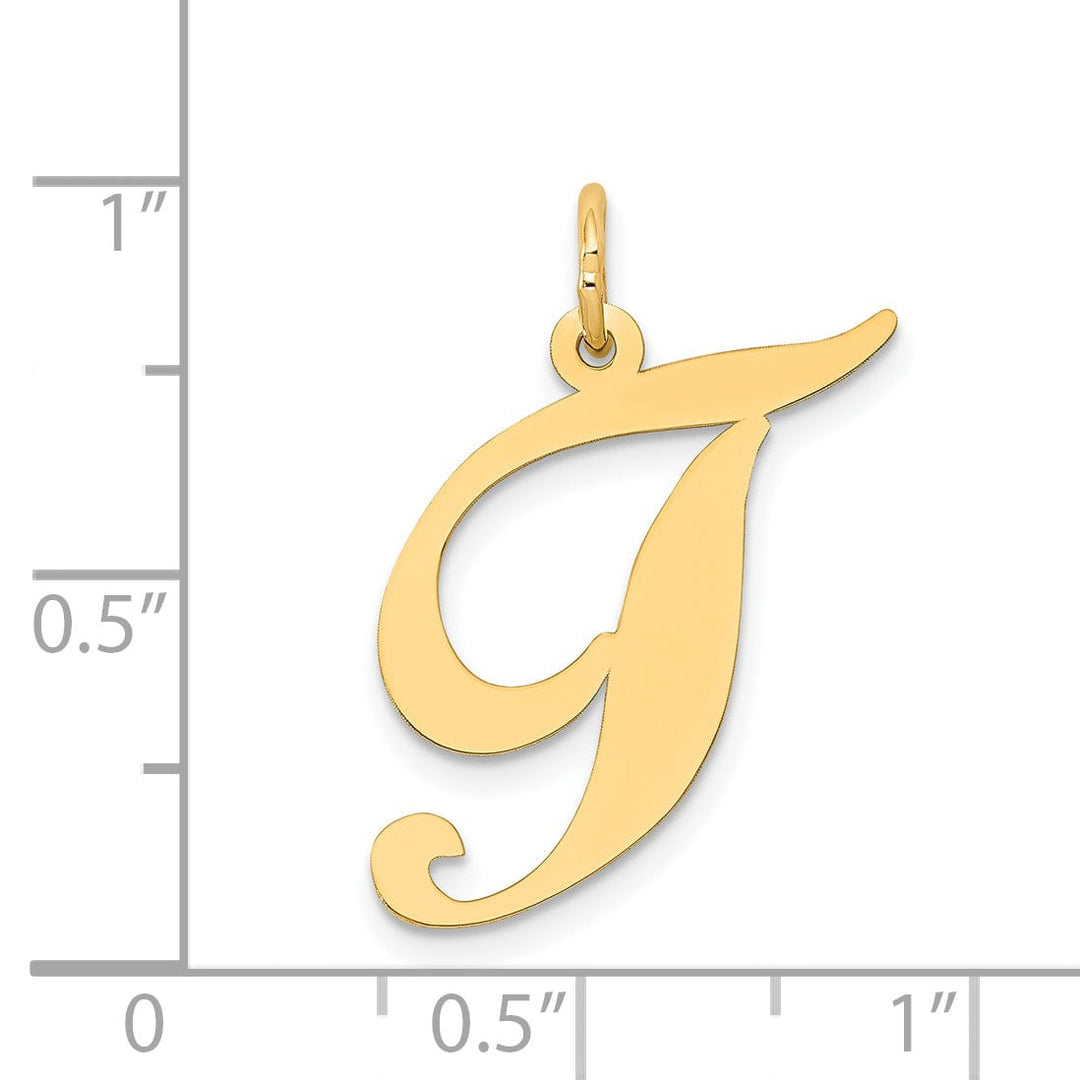 14K Yellow Gold Large Size Fancy Script Letter T Initial Charm Pendant