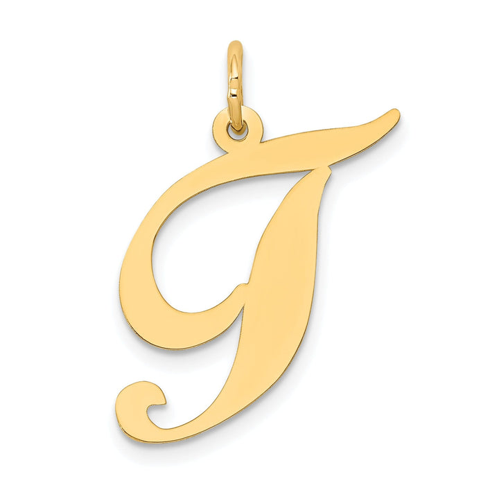 14K Yellow Gold Large Size Fancy Script Letter T Initial Charm Pendant