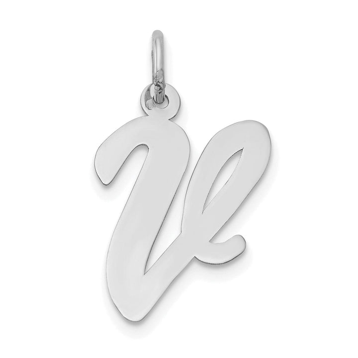 14K White Gold Large Size Fancy Script Design Letter V Initial Pendant