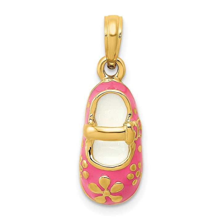 14k Yellow Gold Pink Enameled Baby Shoe Pendant