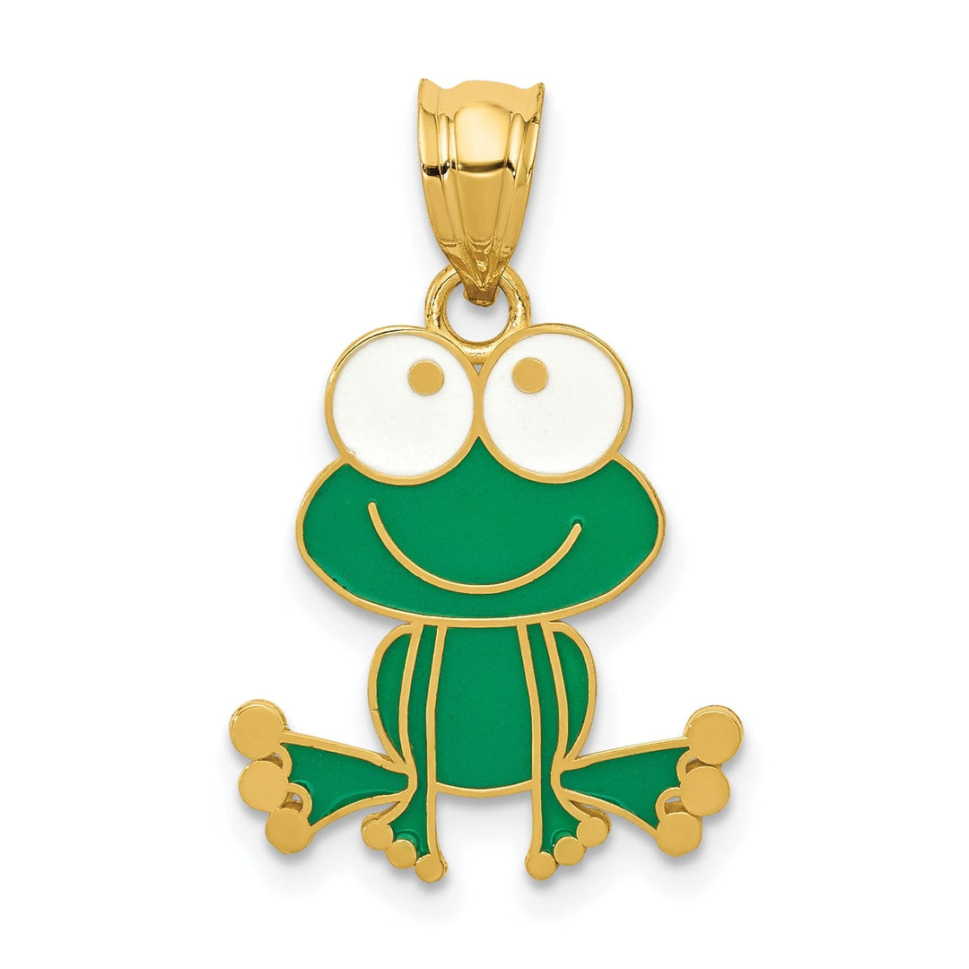 14k Yellow Gold Solid Polished Green and White Enameled Finish Frog Charm Pendant