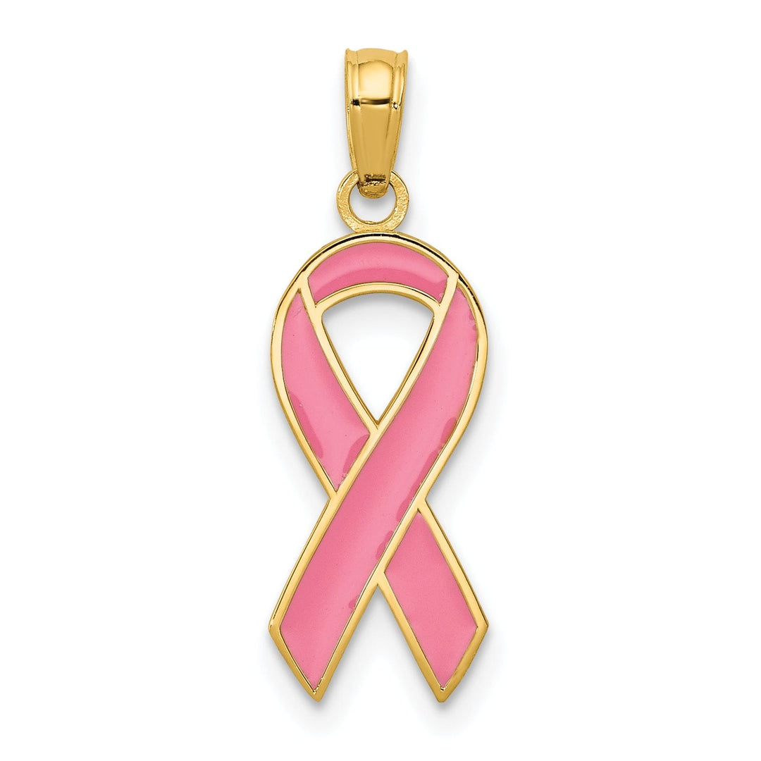 14k Yellow Gold Solid Texture Polished Pink Enameled Finish Awareness Ribbon Charm Pendant