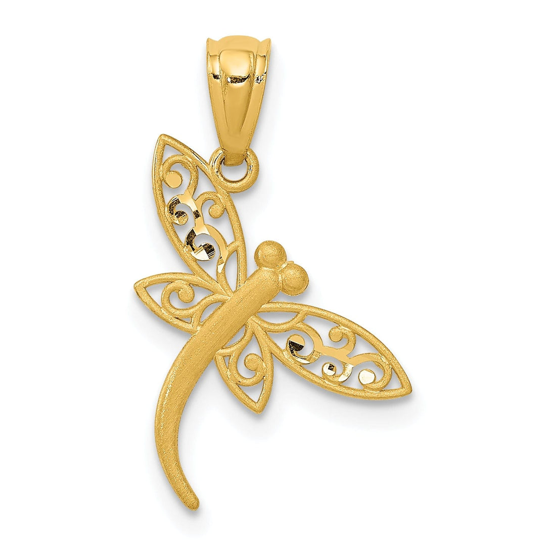 14k Yellow Gold Open Back Solid Polished Satin Diamond Cut Finish Dragonfly Charm Pendant