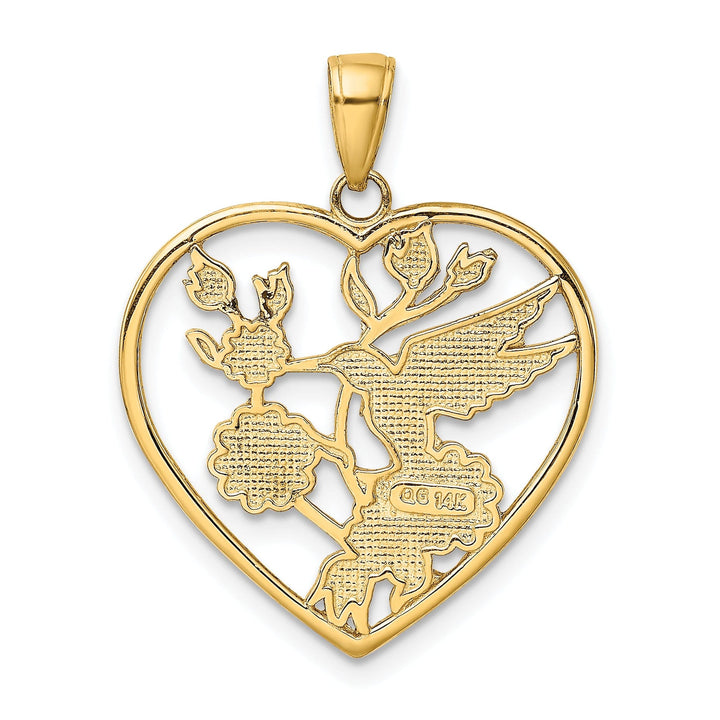 14k Yellow Gold Solid Multi Enameled Textured Polished Finish Hummingbird with Flowers Heart Design Charm Pendant