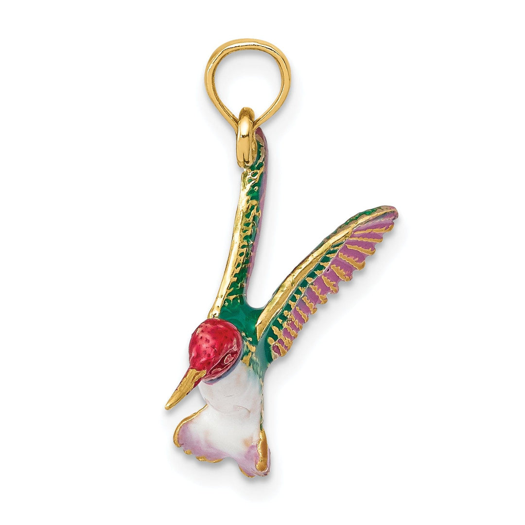 14k Yellow Gold Solid Multi Color Enameled Polished Finish 3-Dimensional Flying Hummingbird Charm Pendant