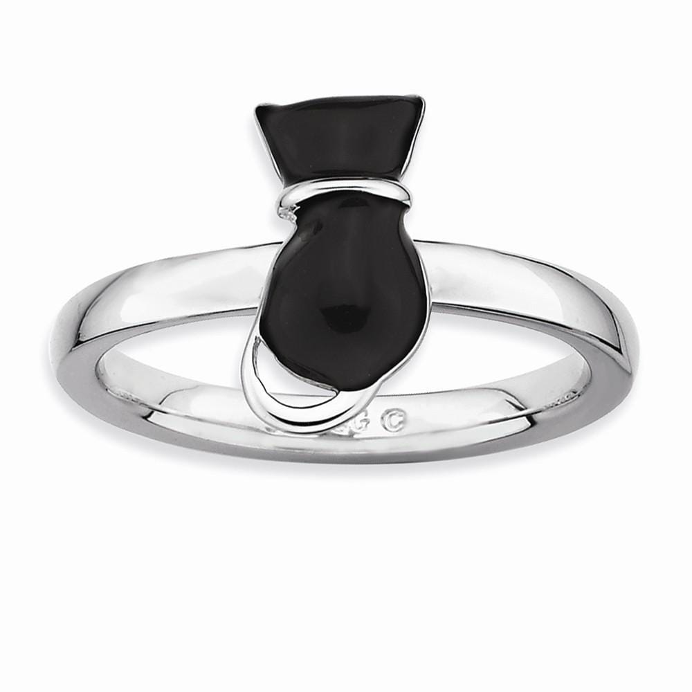 Sterling Silver Black Enameled Cat Ring