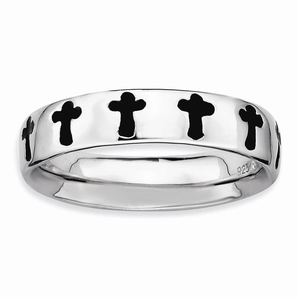 Sterling Silver Polished Enameled Cross Ring